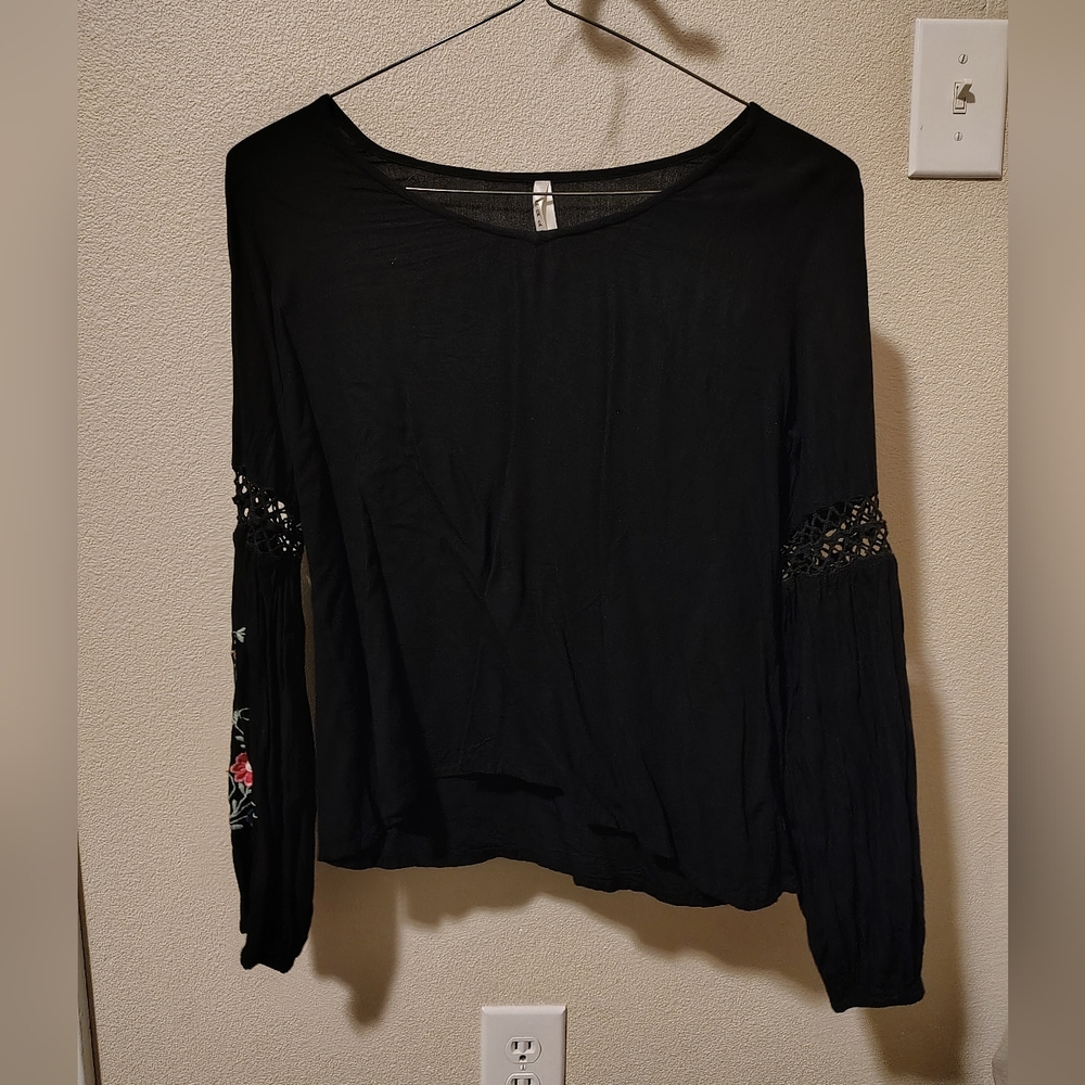 Roper Black Blouse with Lace and Floral Accents